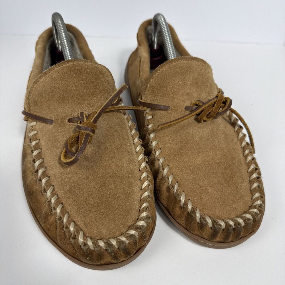 MINNETONKA TAN SUEDE LEATHER MEN'S MOCCASIN SLIPPERS FAUX FUR LINED SZ 10M